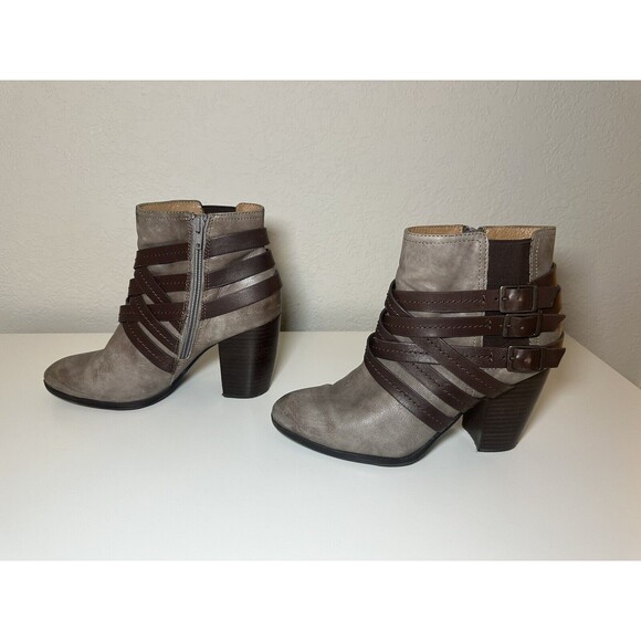 SOFFT Gray Brown Straps Chunky Block Heel Leather Ankle Booties‎ Women's 8.5 - Picture 1 of 8